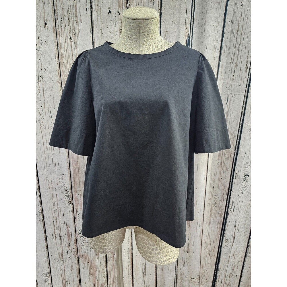MARELLA Women's L Black Cotton Blend Button Short Sleeve Blouse Top Shirt EUC